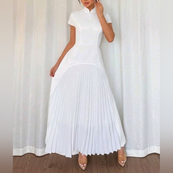 Women Elegant Stand Collar Patchwork Pleated Hem Waist-Cinched Dress - Picture 4 of 7